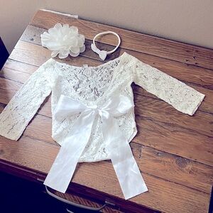New born girl photo prop white lace with 2 bows